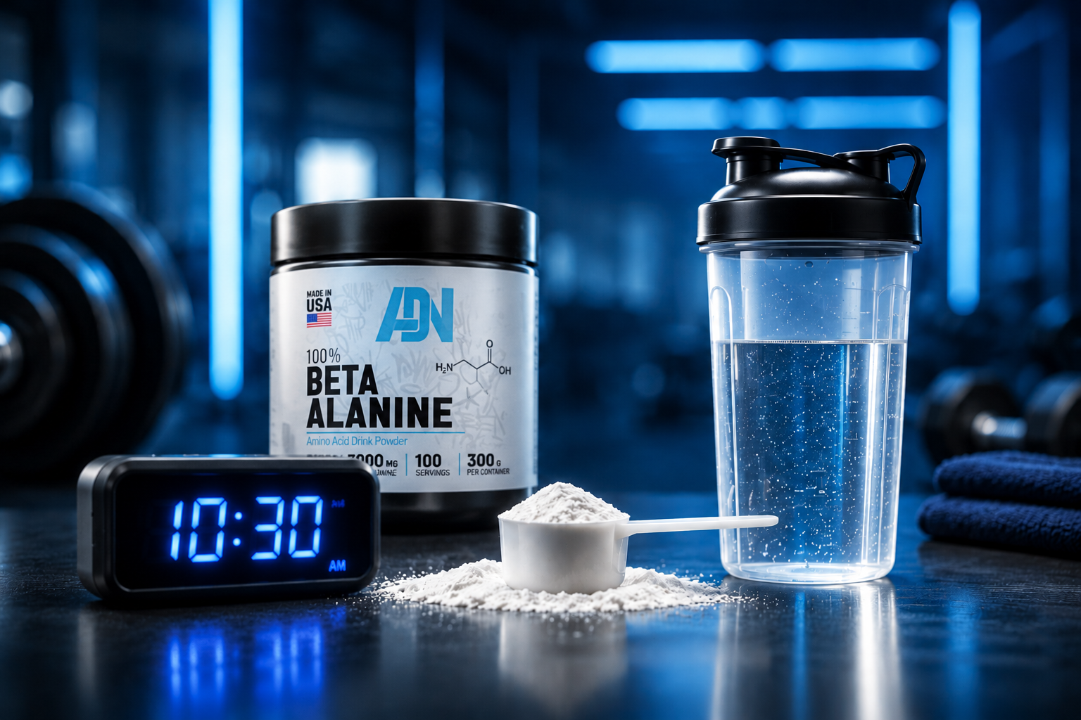 Beta alanina ADN Nutrition junto a scoop, shaker y reloj en un gimnasio