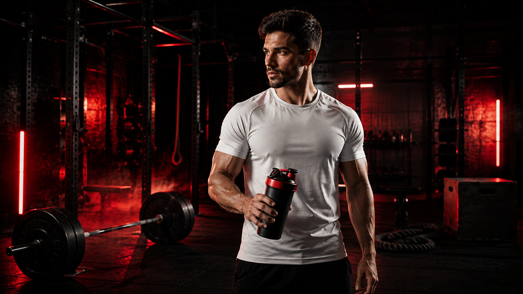 Atleta en gimnasio antes de entrenar con pre entreno