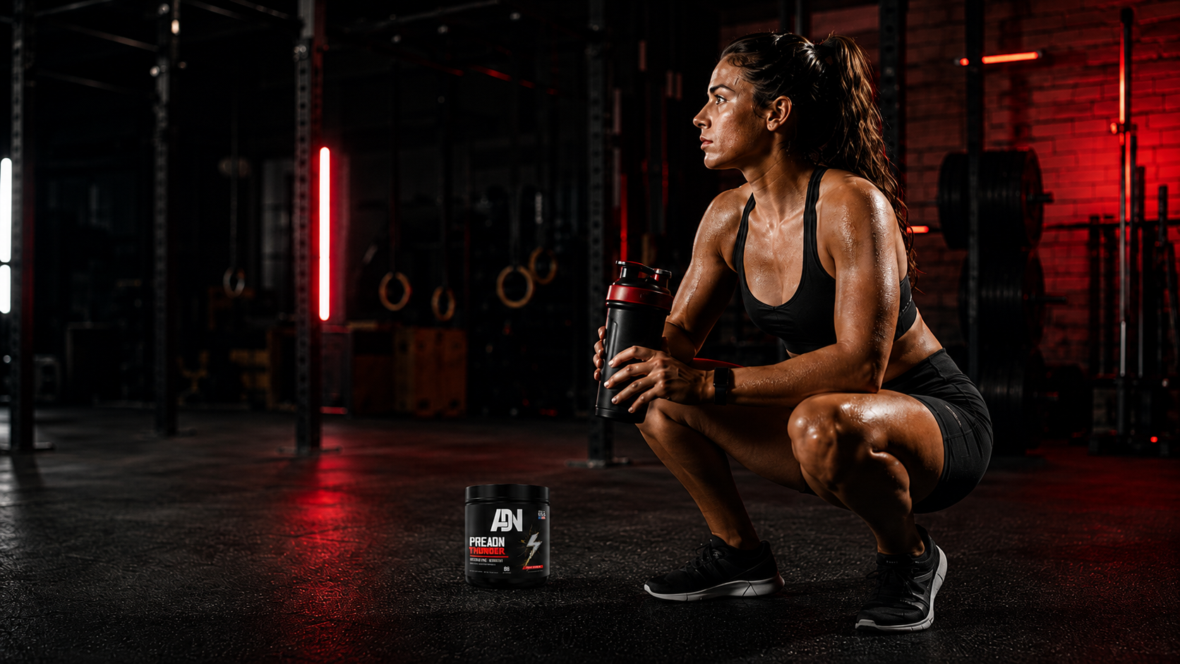 Mujer en gimnasio con shaker de pre entreno